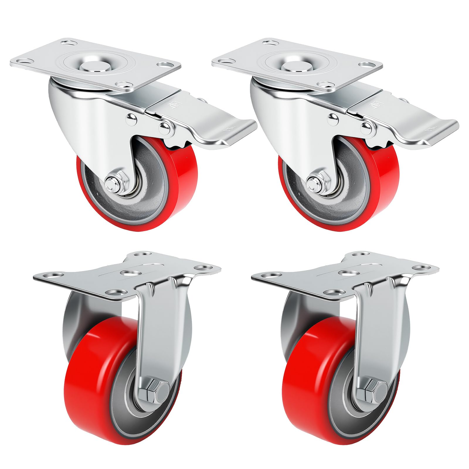 Photo 1 of 3 Inch Caster,Load 1400 Lbs,Polyurethane Steel Wheels,Heavy Duty Caster Wheels Set of 4,Swivel Wheels with Brake and Fixed Wheel for Trolleys,Transport Materials,Toolboxes(2Brake&2Rigid)