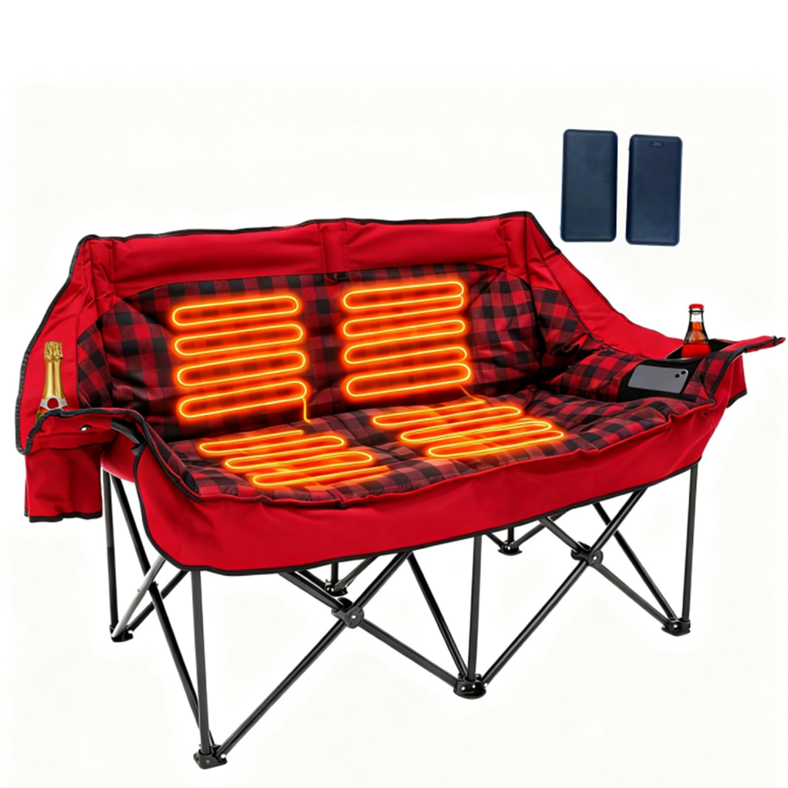 Photo 1 of ***MISSING BATTERY(IES) ***** Heated Double Camping Chair with 2 Battery, Padded Camping Couch with 3 Heat Levels and 4 Heating Zones, Oversized Camp Loveseat Support 800lbs for Soccer Games, Tailgating, RV Travel, Beach Days