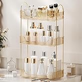 YCIA&DONE Bathroom Organizer Countertop, Makeup Storage, Skincare Cosmetic Tray Shelf, Perfume Holder Rack for Vanity Counter, Large Capacity, Easy to Install, Clean, 3 Tiers, Amber Gold