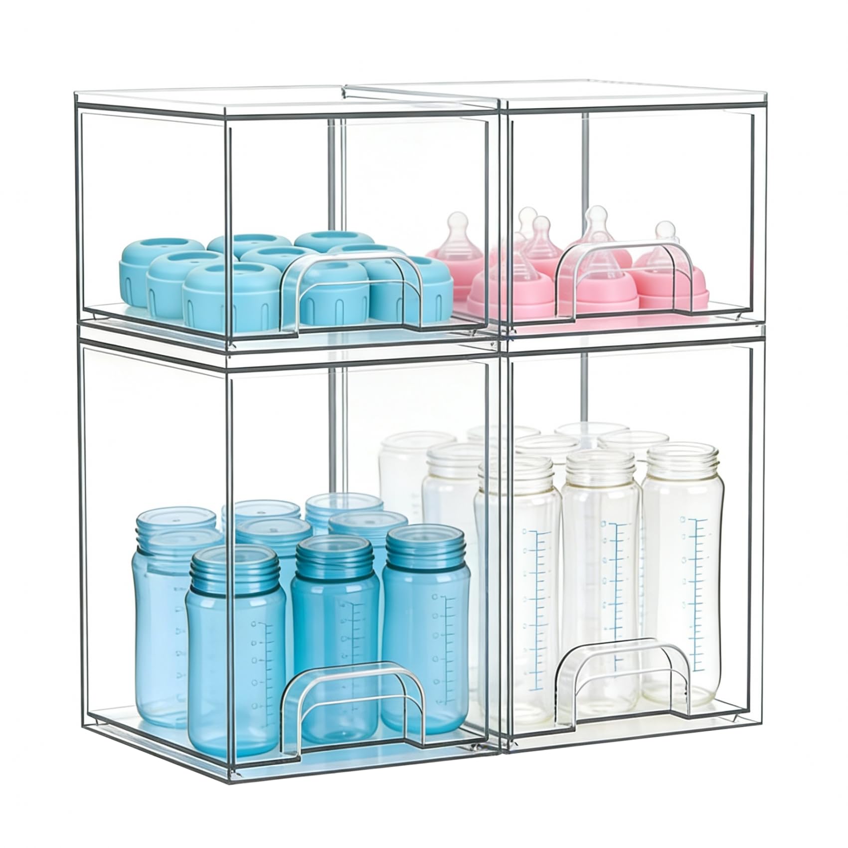 Gajiuhon Baby Bottle Organizer, Large Capacity Stackable Acrylic Storage with Non-Slip Pads, for Baby Bottles, Pump Parts, Kitchen Countertop, Pantry, Vanity, 4-Piece