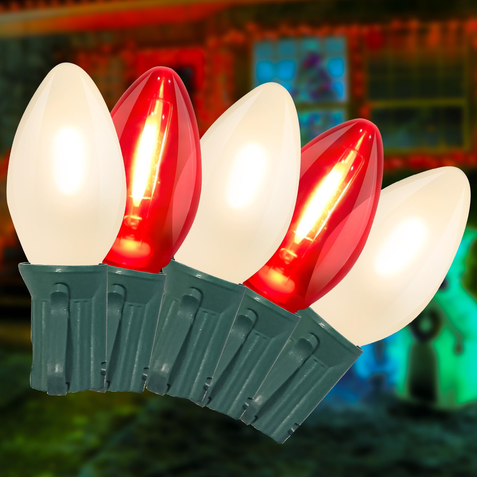 Photo 1 of Red and White Christmas Lights Outdoor,25ft C7 LED Christmas Lights with 27 Transparent Red and Frosted White Bulbs,Connectable Vintage Christmas Lights for Patio Xmas Garden Party Holiday Decor