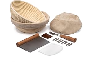 Proofing Set, by Kook, Sourdough Bread, 2 Rattan 9 Inch Banneton Baskets, 2 Basket Covers, Metal Scraper, Plastic Scraper, Scoring Lame, 5 Blades and Case, Baking Kit, Dough Bowls, Round Shape