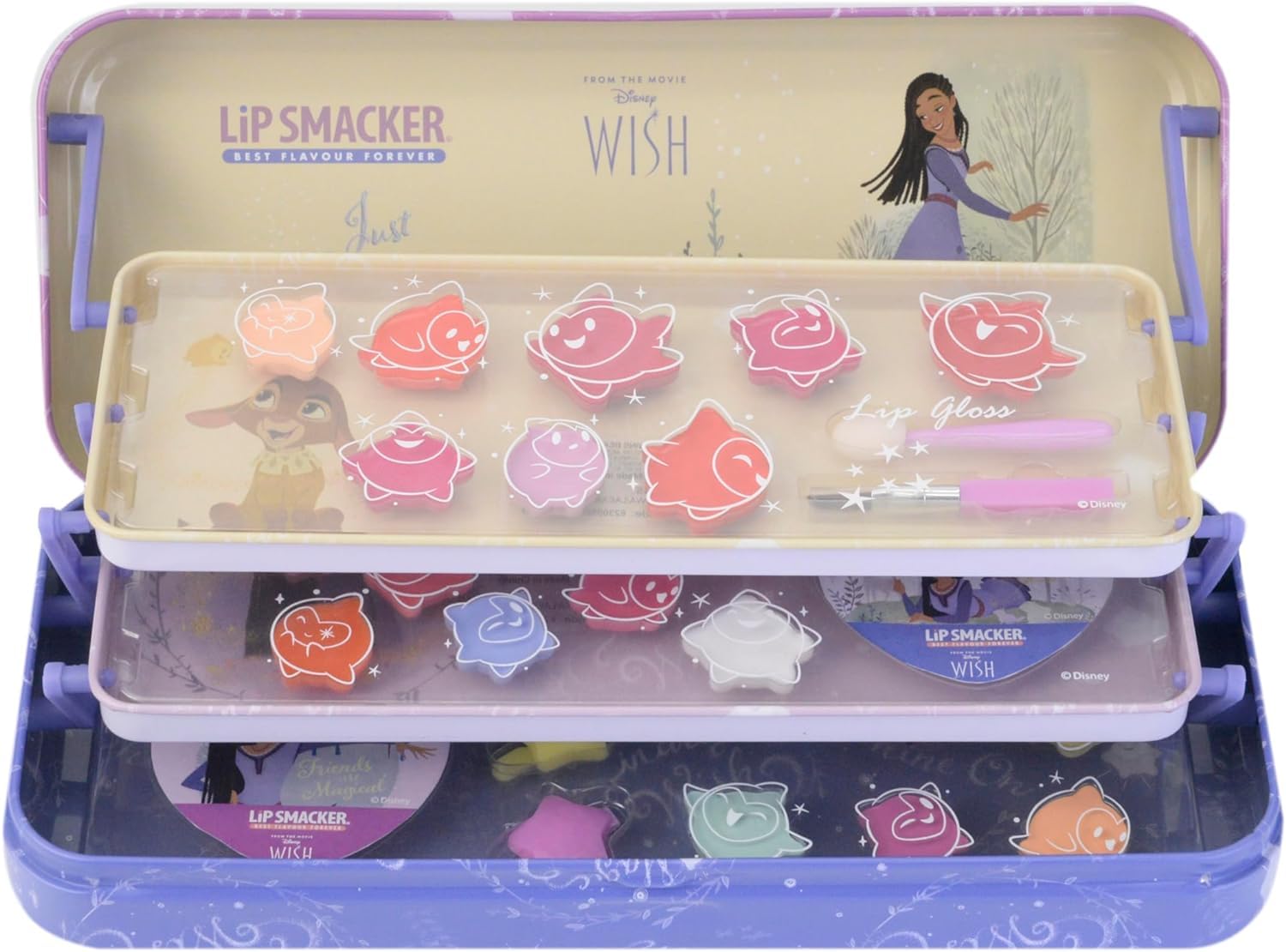Lip Smacker Wish Triple-Tier Beauty Tin, Kids' Makeup Set Inspired by Disney Wish with LipGloss, EyeShadows, Beauty Accessories, and Stickers Included