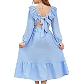 blibean Tween Girls Tie Back Dresses Embroidery Sleeve Size 6-15 Years