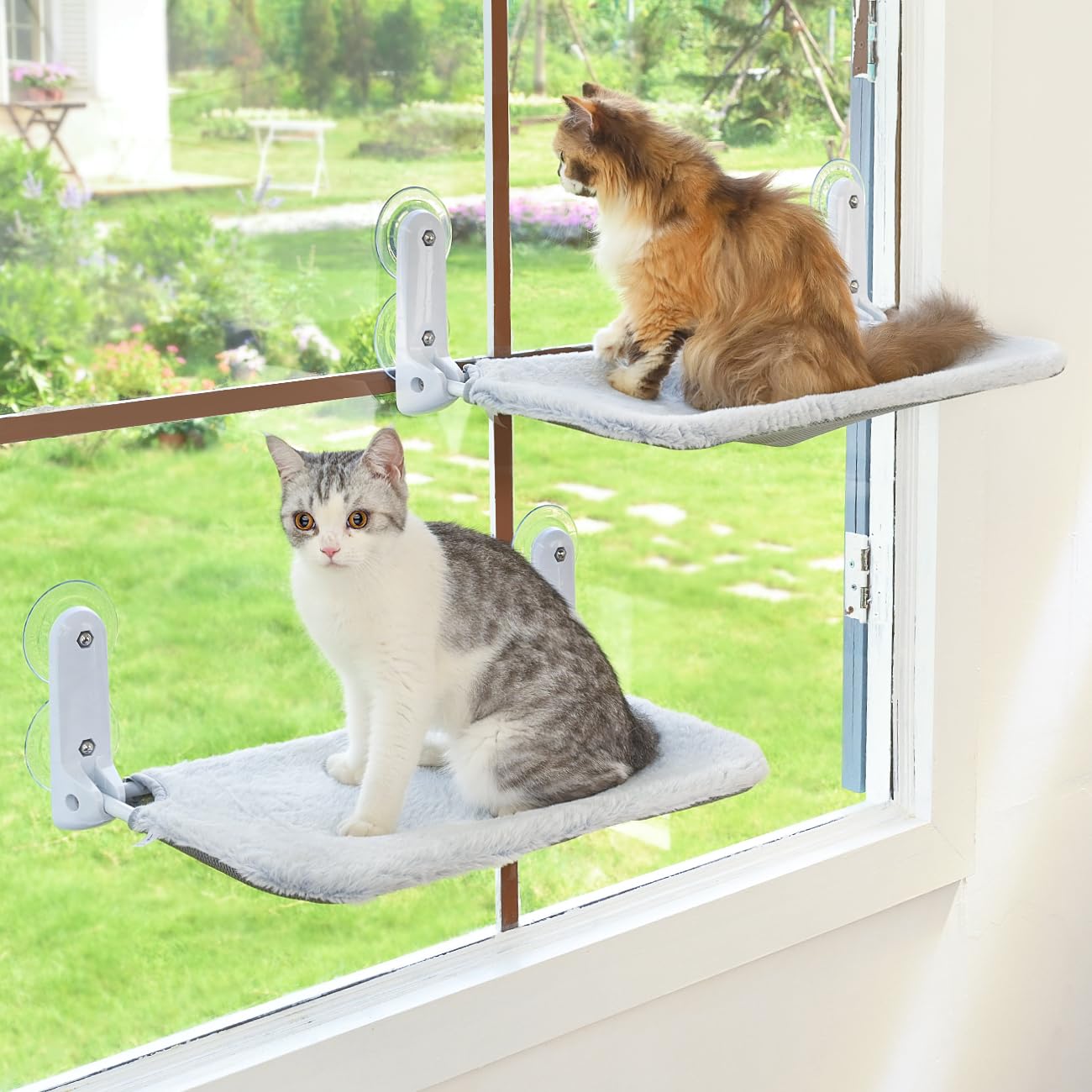 Photo 1 of Zoratoo 2PC Cat Window Perch Cordless Foldable Cat Hammock Bed for Window with Metal Frame and Reversible Cover, Large Suction Cups Window Resting Seat for Indoor Cats (Cat Bed, L-2PC)