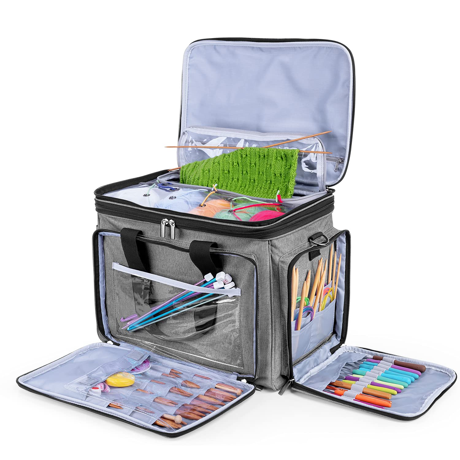 Luxja Knitting Bag - Yarn Storage Organiser with Cover for Carrying Projects, Knitting Needles (up to 14”), Crochet Hooks and Other Accessories (Grey)