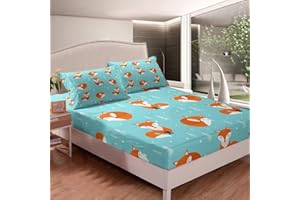 FEELYOU Children Bed Sheet Set Cartoon Fox Bedding Set 3D Animal Theme Fitted Sheet for Boys Girls Teens Kids Bedroom Decor Woodland Fox Bed Cover Twin Size with 1 Pillow Case