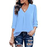 Youtalia Womens Blouses Dressy Casual Business Tops 3/4 Sleeve Chiffon V Neck Work Office Shirts