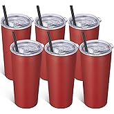 VEGOND 20oz Tumbler Bulk with Lid and Straw 6 Pack, Stainless Steel Vacuum Insulated Tumbler, Double Wall Coffee Cup Travel Mug, Red