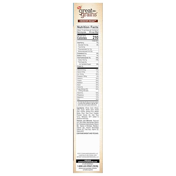 GREAT GRAINS CRUNCHY PECANS WHOLE GRAIN BREAKFAST CEREAL, WHOLE GRAIN, CRISPY FLAKES AND GRANOLA CLUSTERS NON-GMO VERIFIED, 25 OZ BOX