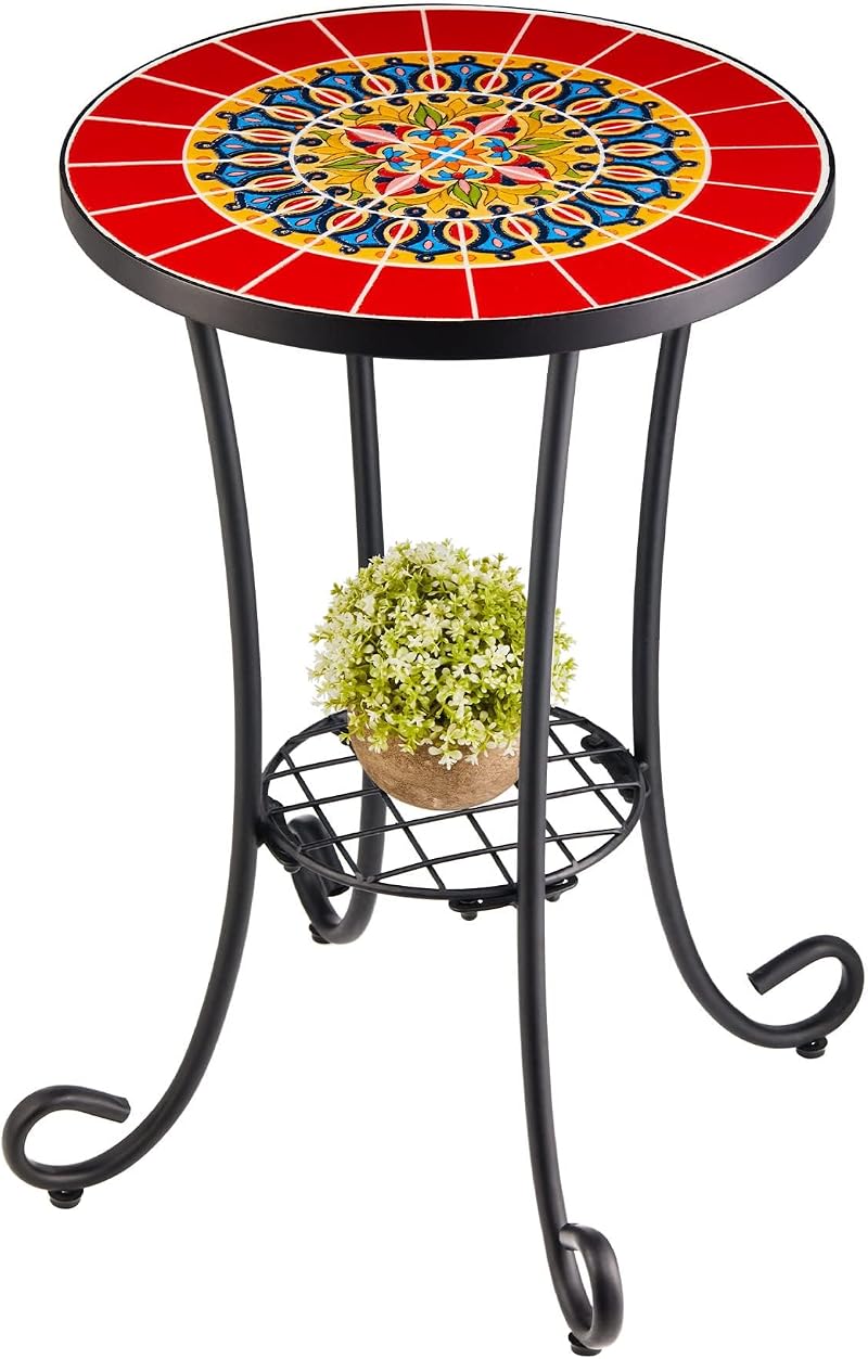 VONLUCE Mosaic Side Table 36cm Ceramic Top Indoor Outdoor Red
