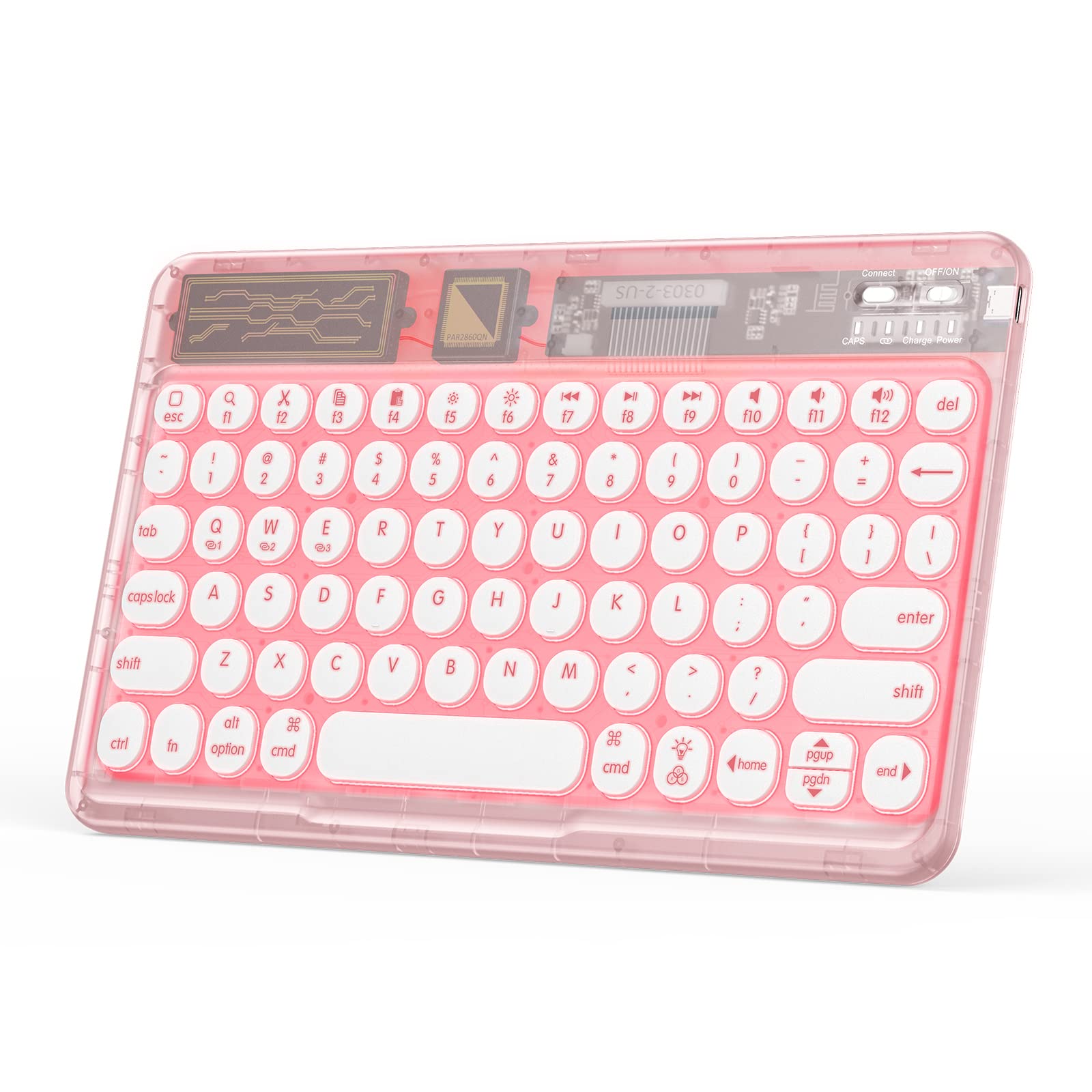 Photo 1 of OMOTON Bluetooth Keyboard for iPad, Rechargeable Wireless Keyboard for PC Smartphone Tablet Laptop,iOS Android Windows, Transparent Pink