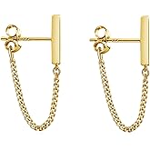 Reffeer Solid 925 Sterling Silver Stud Earrings Minimalist Bar Earrings with Chain Dangle Earrings For Women