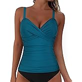 Firpearl Womens Underwire Tankini Top Only Twist V Neck Swimsuits for Big Busted Ruched Tummy Control Bathing Suit Tops