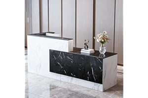 Yorkgargen L-Shaped Large Wooden Reception Desk, Modern Front Desk Reception Counter with Lockable Drawers & Storage & Keyboard Tray, for Checkout, Lobby (Right-Black/White, 71''L x 42''W x 41''H)