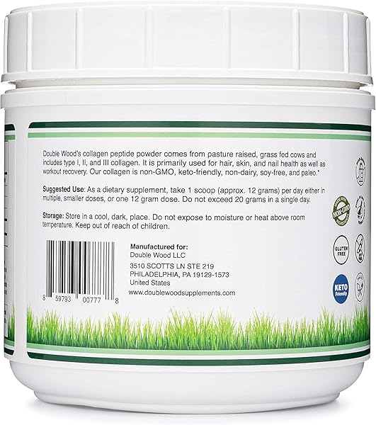 COLLAGEN PEPTIDES POWDER – HYDROLYZED COLLAGEN, KETO SAFE – 16.08OZ – MULTI TYPE 1, 2, AND 3 (GRASS FED BOVINE SOURCE)(COLAGENO HIDROLIZADO) COLLAGEN SUPPLEMENTS FOR WOMEN AND MEN BY DOUBLE WOOD