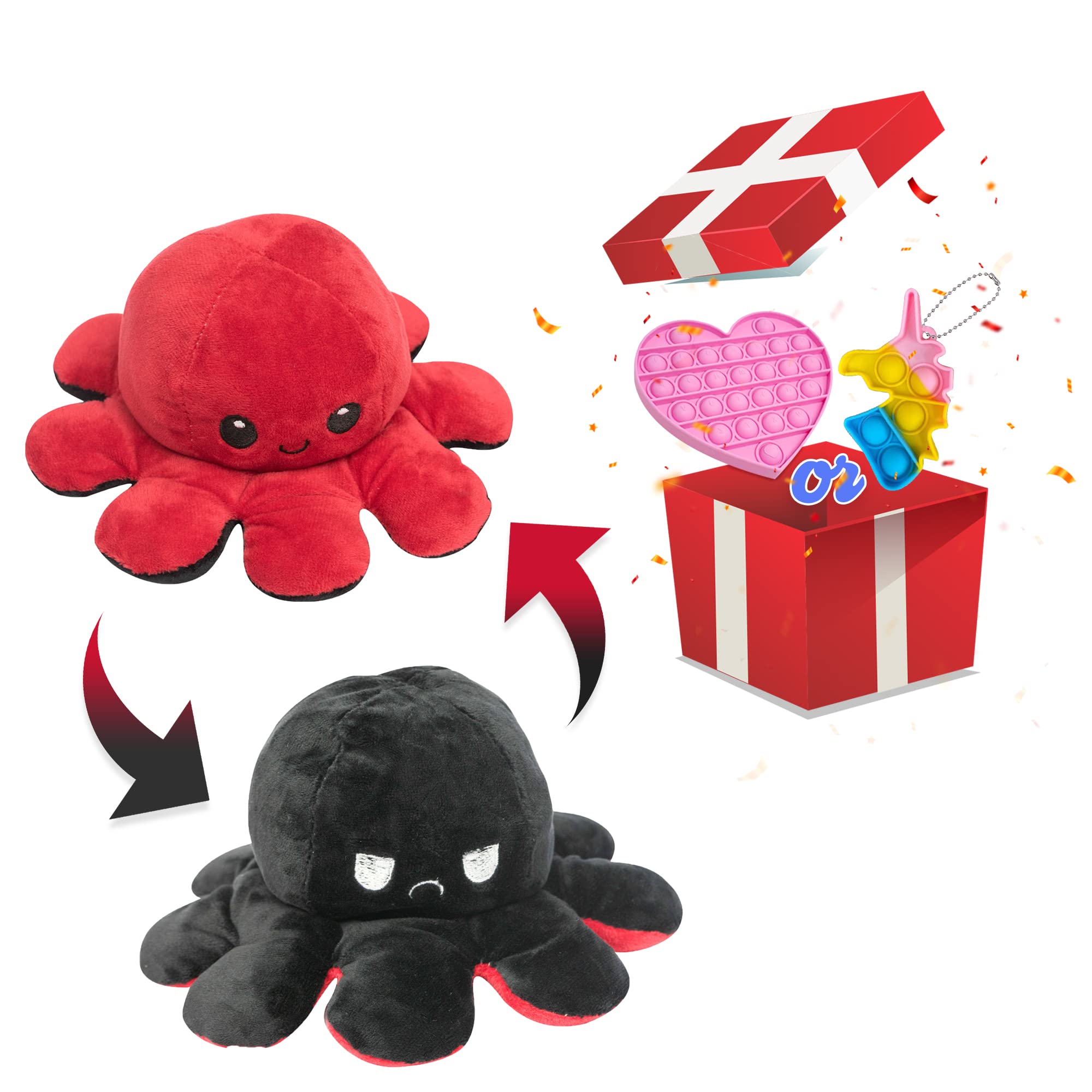 WHITESTAR Reversible Octopus Plush Toy - Double-Sided Flip Mood Happy & Angry - Octopus Reversible Plushie teddy toy - stuffed octopus-Pop it Toy is Sweetest Gift for all Kids (Red & Black)
