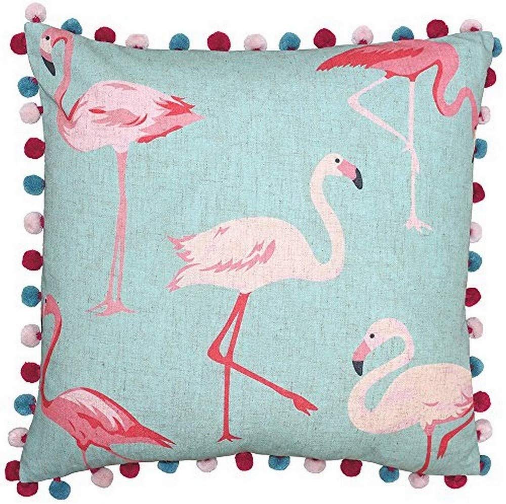 Riva Paoletti Square Filled Cushion Blue and Pastel Pink-Flamingo Print on Linen Fabric-Pompom Edges-100% Polyester Case (20" x 20" inches), Synthetic, Duck Egg, 50 x 50cm