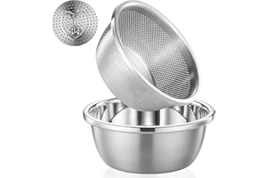 POPGRADE 304 Stainless Steel Colander Rice Washing Bowl Set, 2-QT Colanders & Food Strainers, Rice Strainer Washer Fruit Clea
