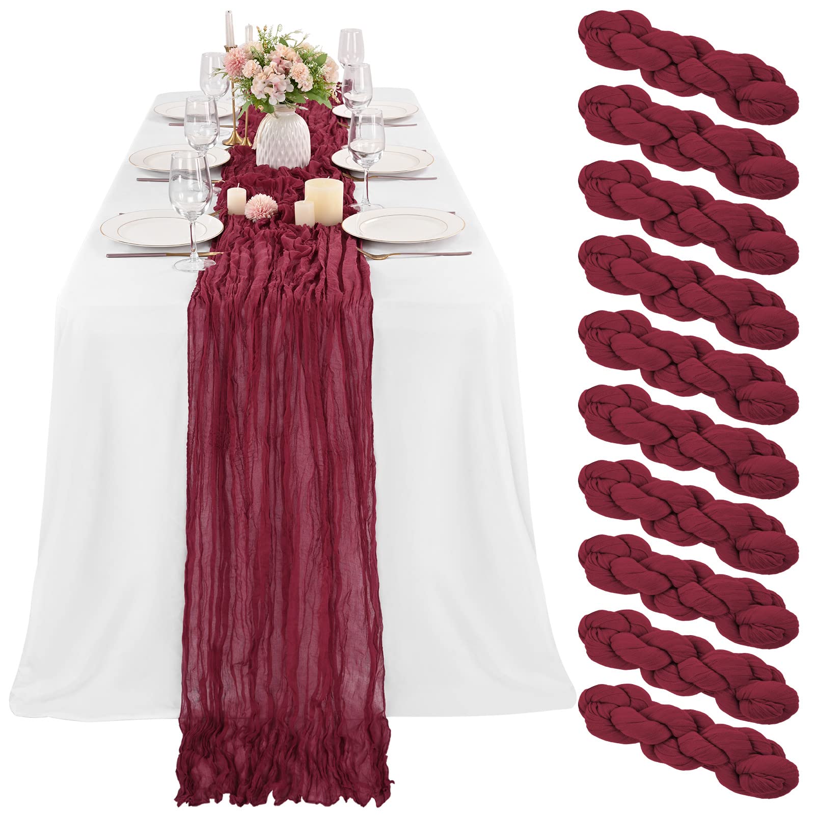 Photo 1 of 10 Pcs Burgundy Cheesecloth Table Runner 13FT, Gauze Table Runner for Wedding Reception Sheer Bridal Shower Birthday Party Boho Table Decoration, Rustic Romantic Wedding Runner