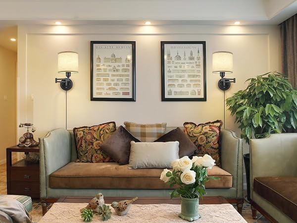 PLUG IN WALL SCONCES WITH REMOTE CONTROL, DIMMING 10%-100% & ADJUSTABLE COLORS 2700K-6500K, HARDWIRE OR PLUG-IN, SWING ARM WALL LAMP WITH LINEN FABRIC SHADE, WALL SCONCES SET OF TWO, BLACK FINISH