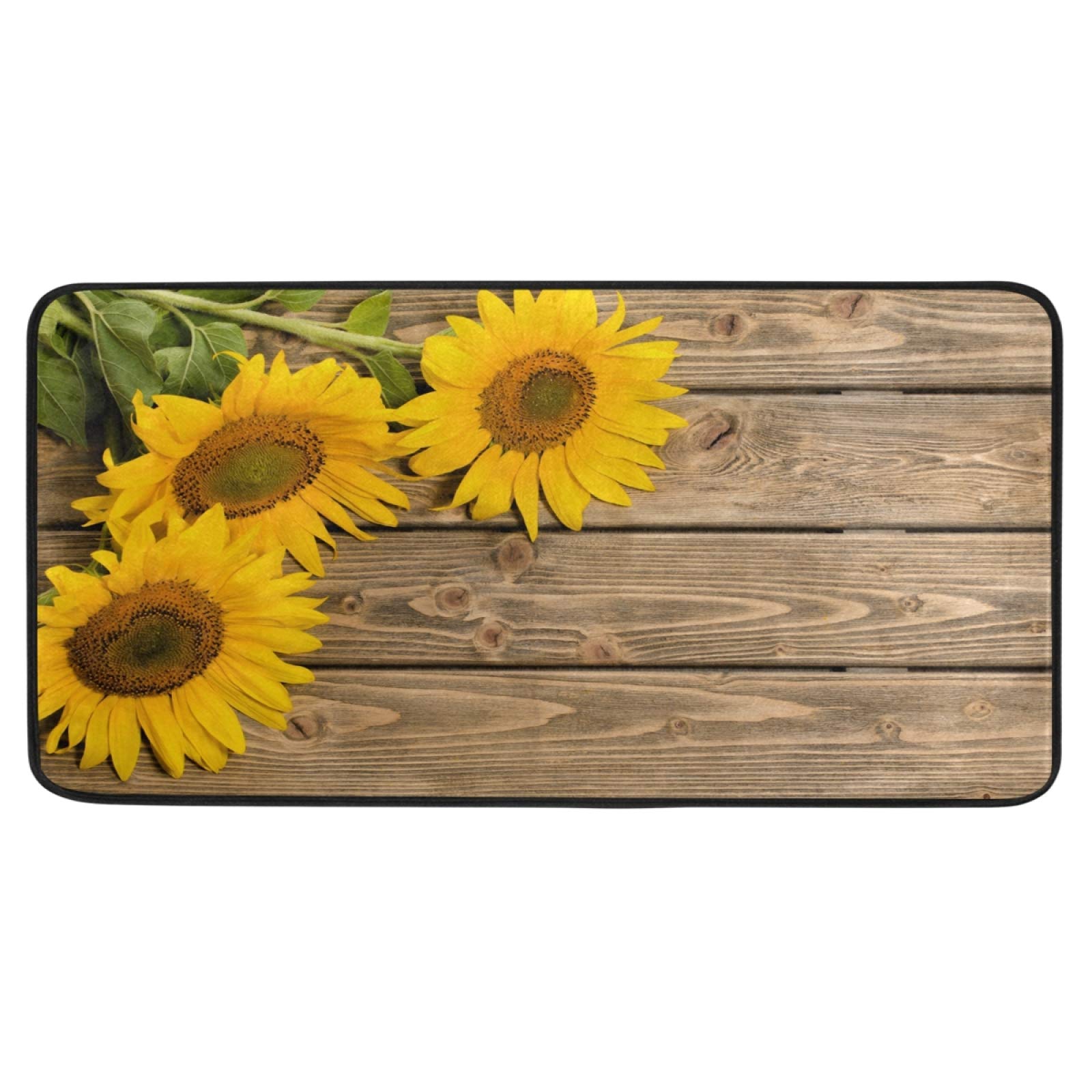 Anti Fatigue Kitchen Floor Mat, 39 x 20 In Vintage Non Slip Absorbent Comfort Modern Standing Mat Soft Kitchen Runner Rug for Hallway Entryway Bathroom Living Room Bedroom Sunflowers On Wooden