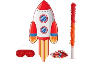 Suilung Rocket Pinata Space Pinata with Blindfold and Bat Space Themed Party Supplies for Girls Boys Kids Birthday Party Game Toys Favors Decorations, 16.5 x 10.7 x 3 Inches