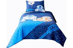 Saturday Park Star Wars Droids Twin Blue Quilt - 100% Cotton Bedding with R2D2 and BB8 - Oeko-TEX Certified (Star Wars Official)