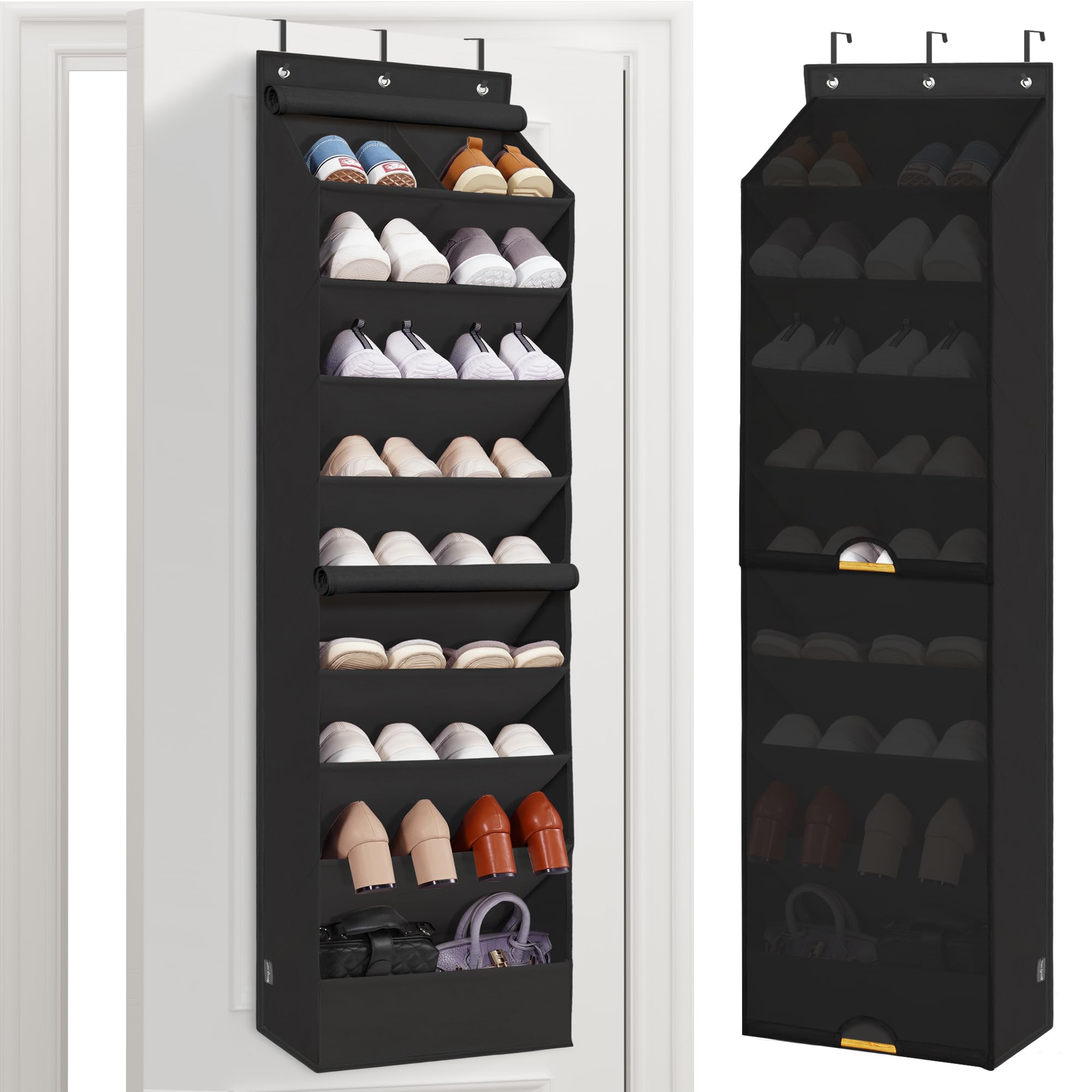 Photo 1 of STORAGE MANIAC Over the Door Shoe Organizer with Curtain Dustproof Heavy-Duty Large Deep Pocket Hanging Shoe Organizer for Closet Dorm & Narrow Door Storage Shoe Holder Shoe Rack, 9-Shelf Black 1 Pack