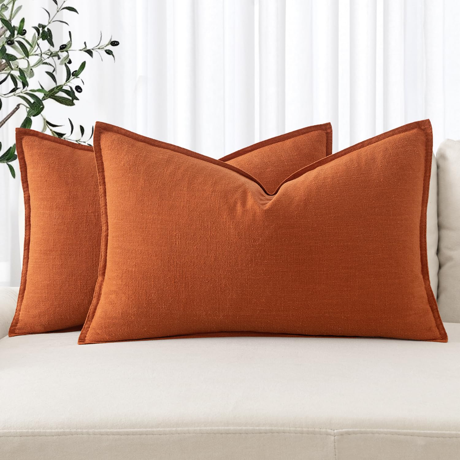 MIULEE Decorative Linen Lumbar Pillow Covers 12x20 Inch Burnt Orange