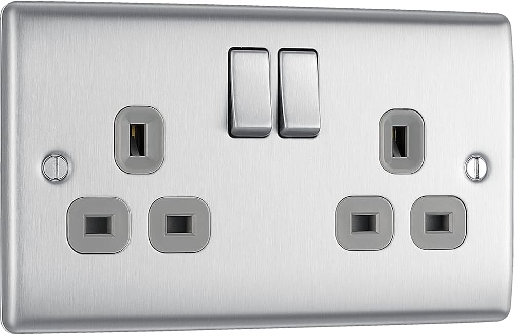 BG Electrical Double Switched Power Plug Wall Socket Nexus Metal Brushed Steel