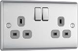 BG Electrical Double Switched Power Plug Wall Socket Nexus Metal Brushed Steel