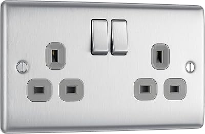 BG Electrical Double Switched Power Plug Wall Socket Nexus Metal Brushed Steel