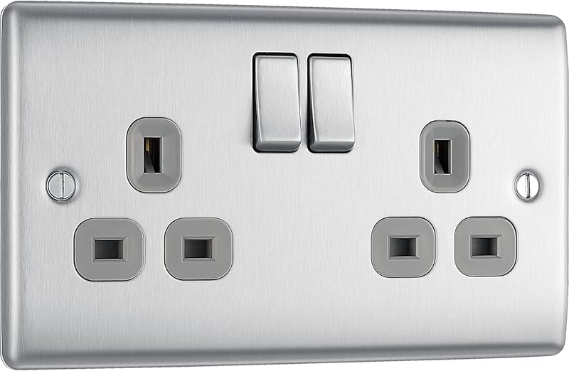 BG Electrical Double Switched Power Plug Wall Socket Nexus Metal Brushed Steel