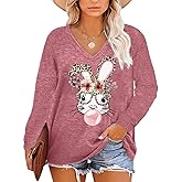 Plus Size Easter Shirts for Women Happy Easter T Shirt Bunny Rabbit V Neck Tees Easter Long Sleeve Shirt Tops