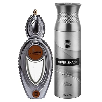 Ajmal Wisal EDP Floral Musky Perfume 50ml for Women and Silver Shade Homme Deodorant Citrus Woody Fragrance 200ml for Men+ 2 Parfum Testers FREE