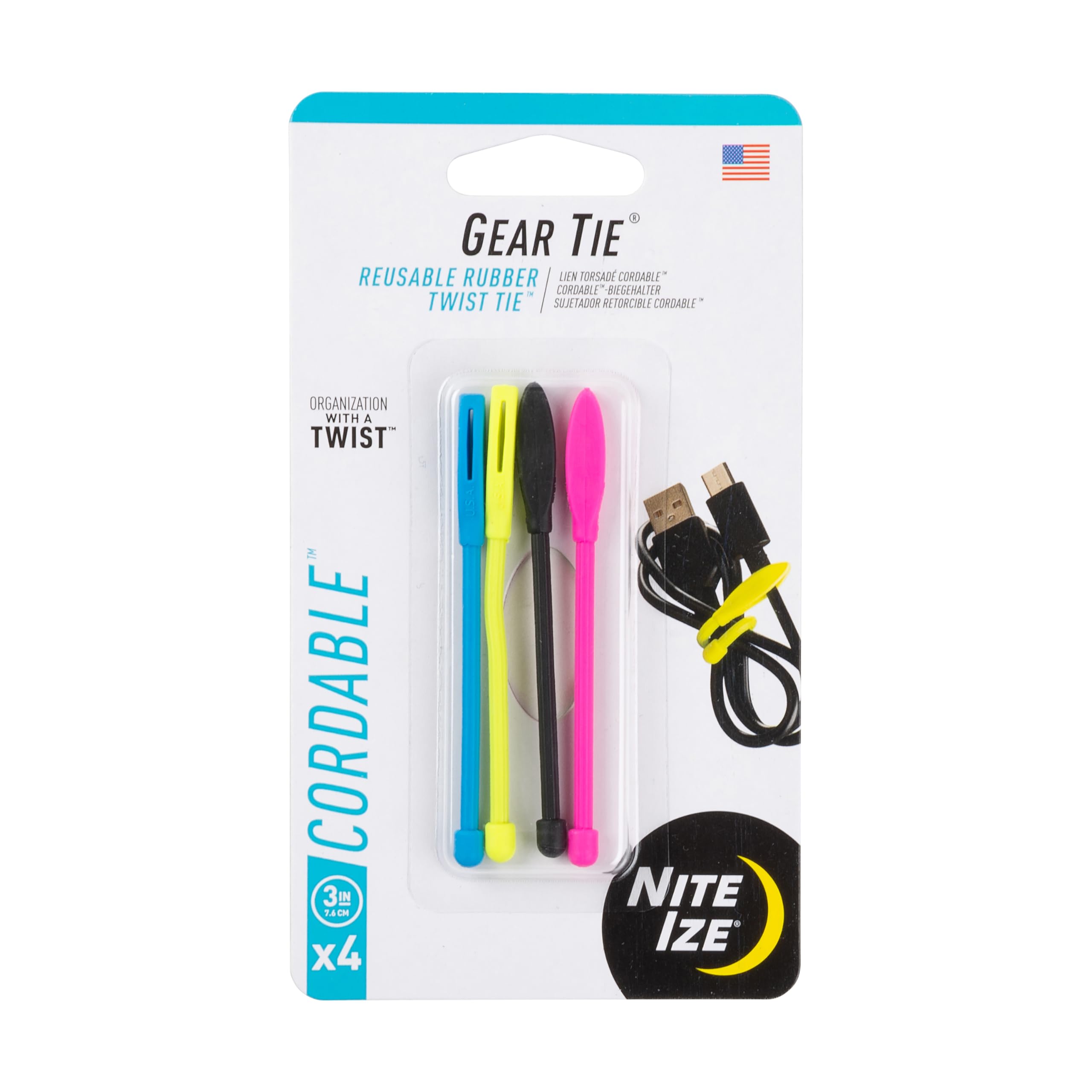 Nite Ize Gear Tie Cordable, The Original Reusable Rubber Twist Tie with Stretch-Loop For Cord Management + Storage, 3-Inch, Assorted Colors, 4 Pack, Made in the USA