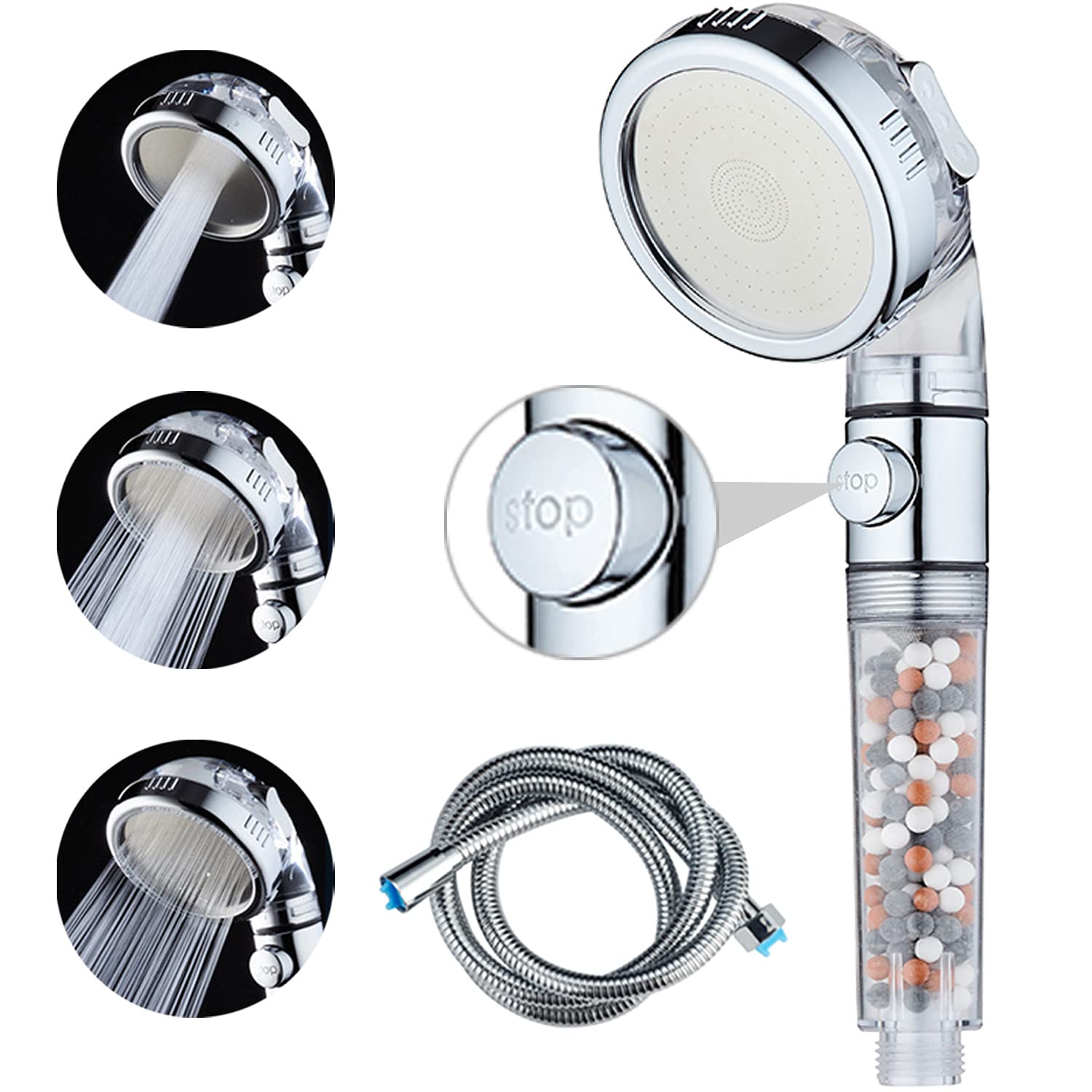 Ionic Shower Head with Pause Button, 3 Settings High Pressure & Water Saving Handheld Showerhead, Soften Hard Water, Remove Chlorine, Good for Dry Skin & Hair, with Extra Hose & Filter Beads