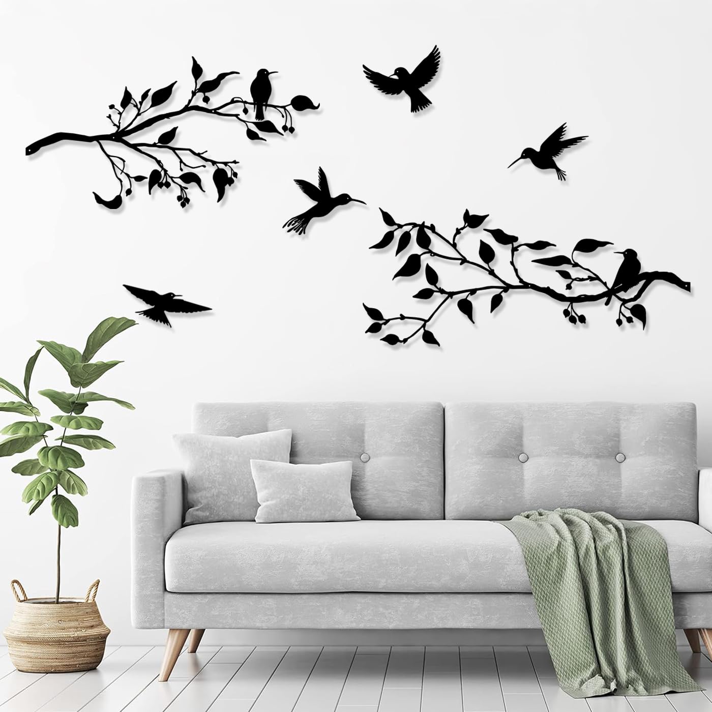 Pduoduo 4PCS Large Metal Birds on Branch Wall Art Decor,Birds Silhouette Wall Decor,Black Leaves with Bird Silhouette Sculpture for Balcony Garden Decor