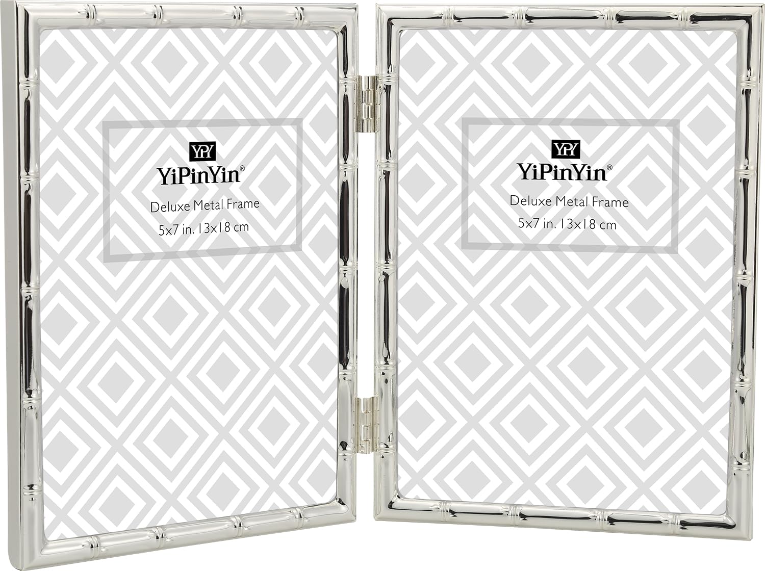YiPinYin 5x7'' Bamboo Double Photo Frames, Silver double Metal Picture Frame 7x5'', Silver Thin Edge Photo Frames 5x7'' With Soft Touch Velvet Backing and Real Glass Front for Desktop