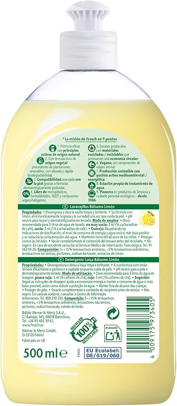 Lavavajillas Ecológico a Mano Líquido Bálsamo Limón - 8x500ml