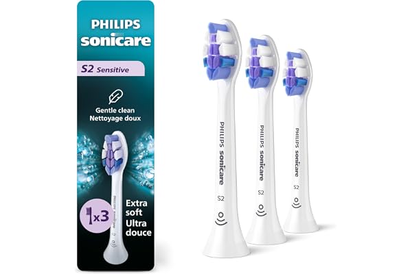 Philips Sonicare S2 Sensitive Brush Heads, 3-Pack, 9 Month Supply, White | 1000% More Plaque Removal¹, Gentle on Sensitive Te