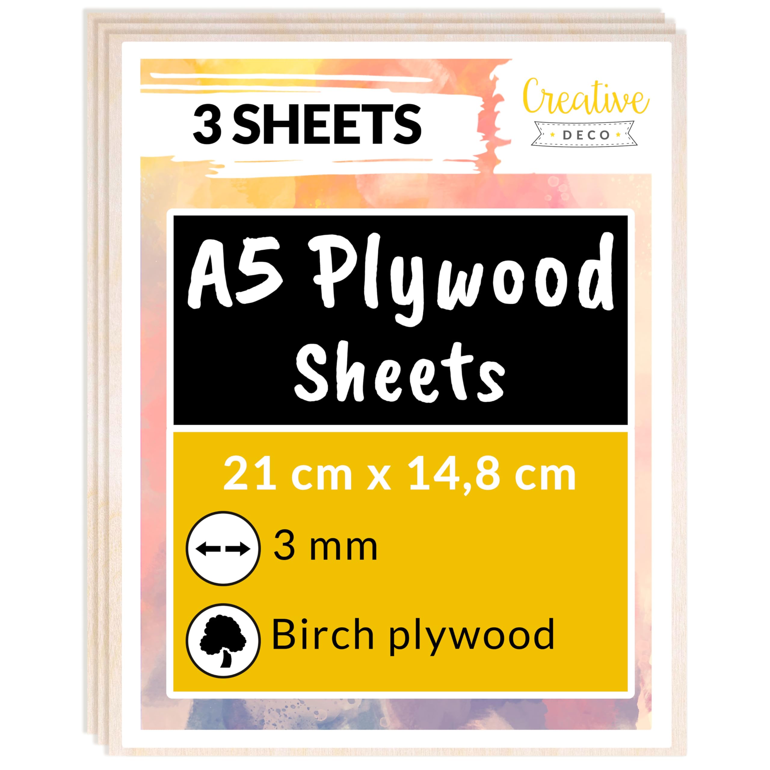 Creative Deco 3 x A5 Birch Plywood Sheets | 148 x 210 x 3mm (+/-2mm) Baltic Wood Ply | Perfect Laserable Board for Wood DIY Home Decor Arts Craft Painting Laser Cutting CNC Stenciling Pyrography