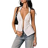 Milumia Women Sexy Deep V Neck Sleeveless Tops Metal Buckle Decor Asymmetrical Hem Halter Top
