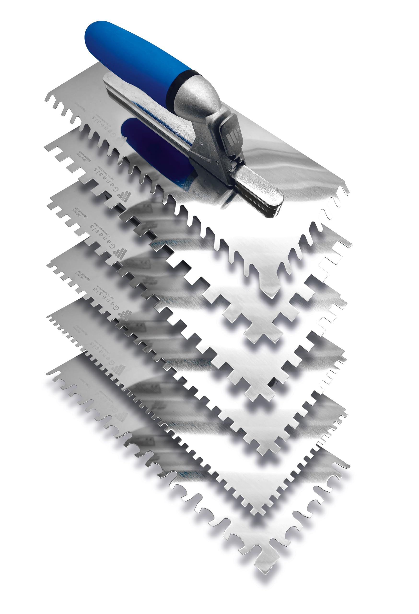 Genesis 7 Piece Interchangeable Stainless Steel Trowel Set 4,6,8,10, 10 Round, and Tiger. Left/Right Hand