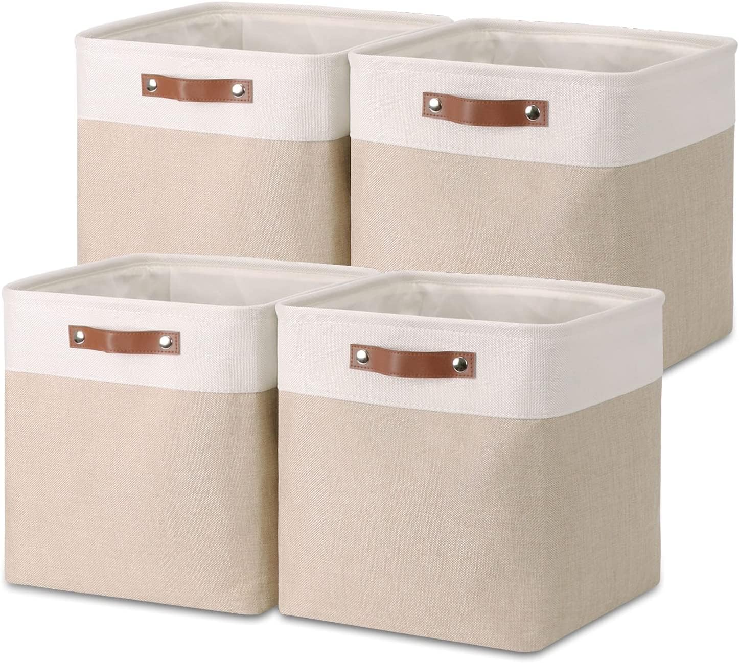 Mangata Collapsible Storage Cube Boxes, 28cm Cube Linen Woven Fabric Storage Baskets with Leather Handles 4pcs (Light Khaki and White)