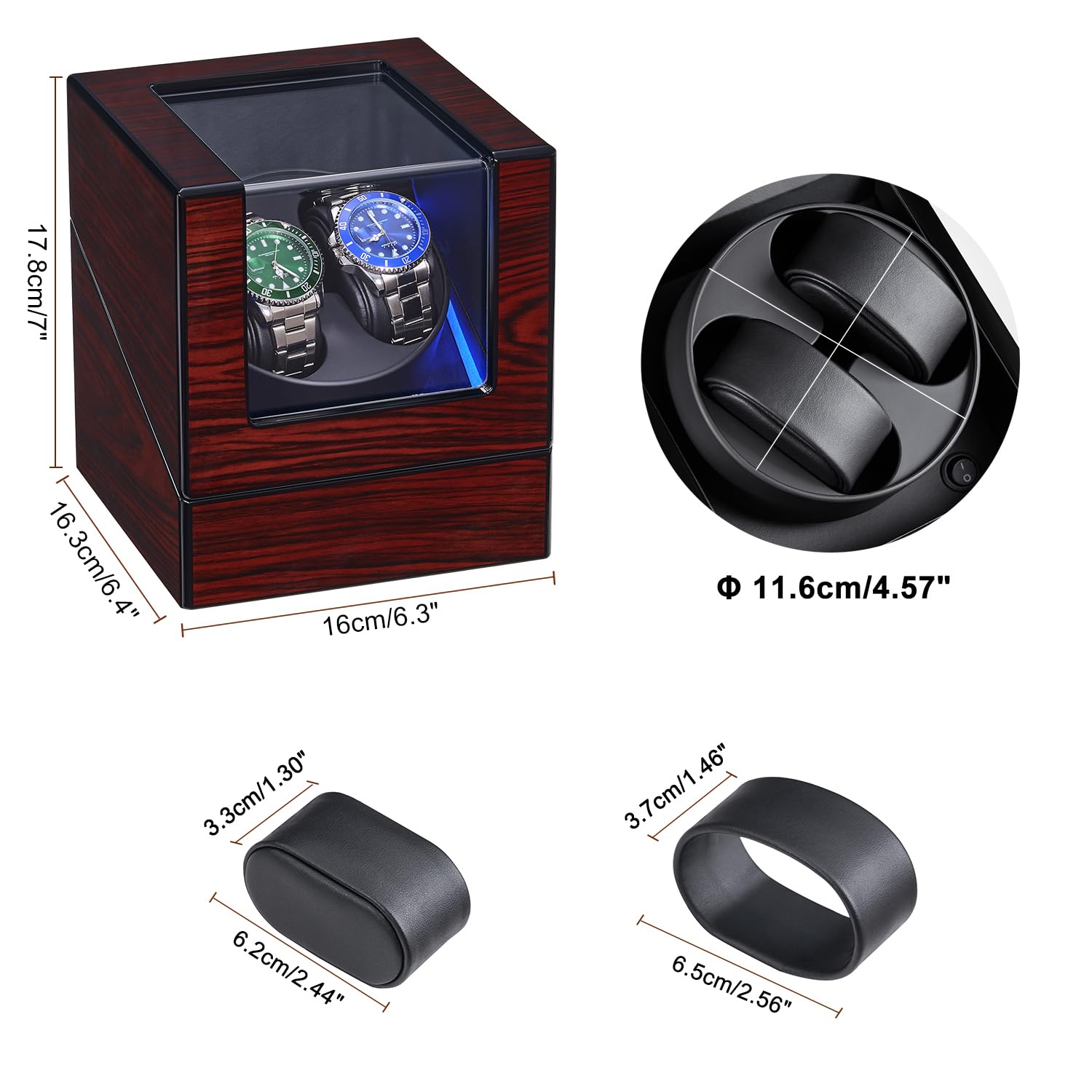 ANWBROAD ANWBROAD Watch Winder for Automatic Watches Double with Super Quiet Motor Flexible Watch Pillows LED Backlight Wooden 5 Modes Battery or Type-C Adapter UJWW001Y
