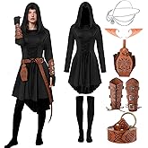 7PCS Women Medieval Fairy Costume Renaissance Elf Hooded Dress Leather Arm Pouch Belt Halloween Cosplay Outfit