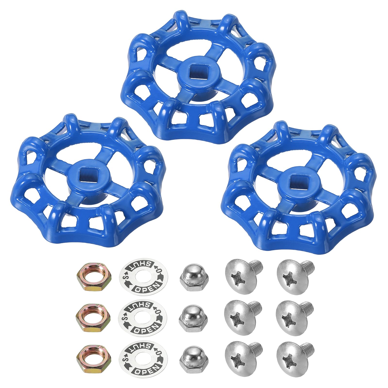 PATIKIL Outside Faucet Handle Square Stem Hole 8x8mm, Cast Steel Round Wheel Faucet Handles Replacement Water Spigot Handle with Screws Spacer, Blue, 3Pcs