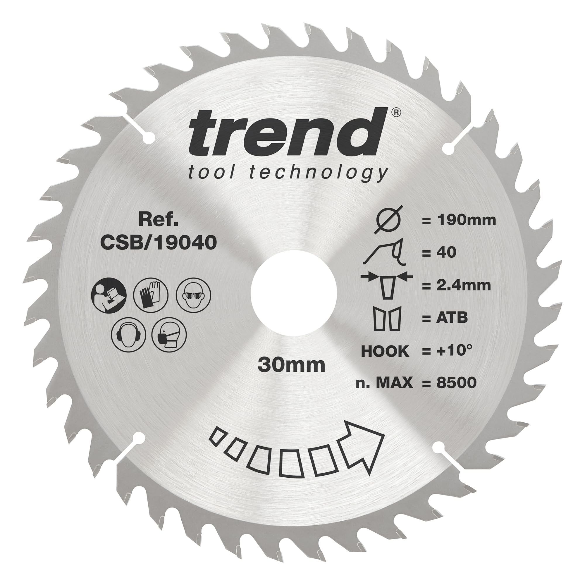 Trend Wood Circular Saw Blade, 190mm Diameter, 30mm Bore, 40 Teeth, 2.4mm Kerf, +10° Hook, TCT, Fine Finish, CSB/19040